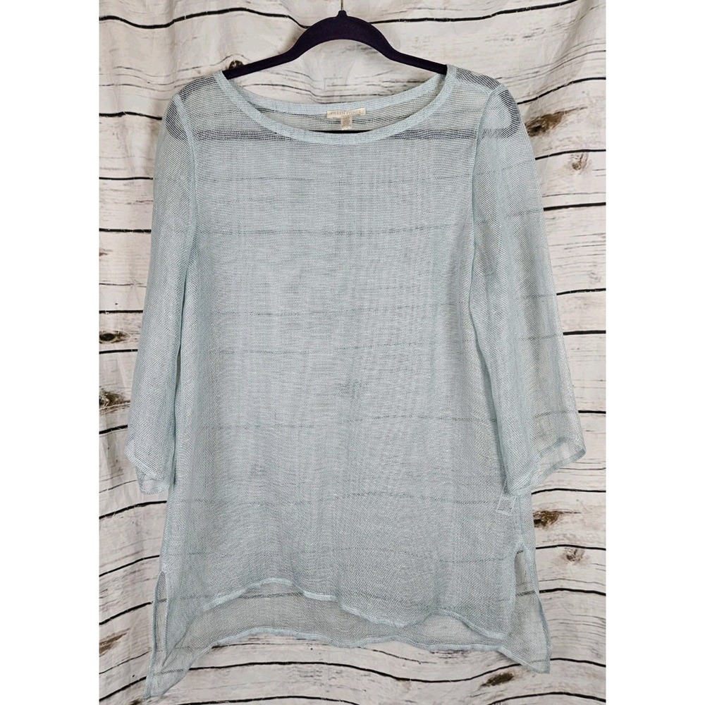 Eileen Fisher Blue Mesh Organic Linen Tunic Top PM Coastal Bateau Neck